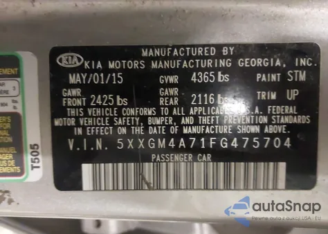 2015 Kia Optima Lx from USA, damaged, VIN 5XXGM4A71FG475704